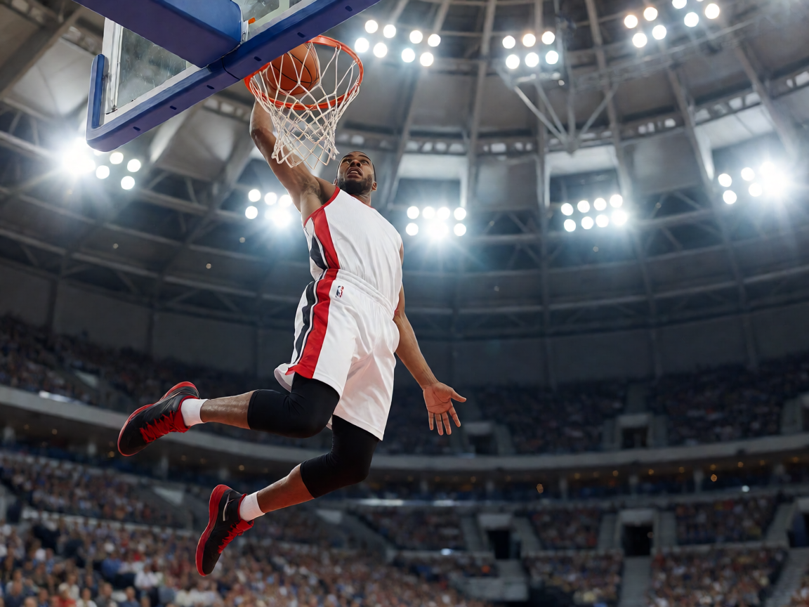 NBA季前赛球员空中扣篮的精彩画面