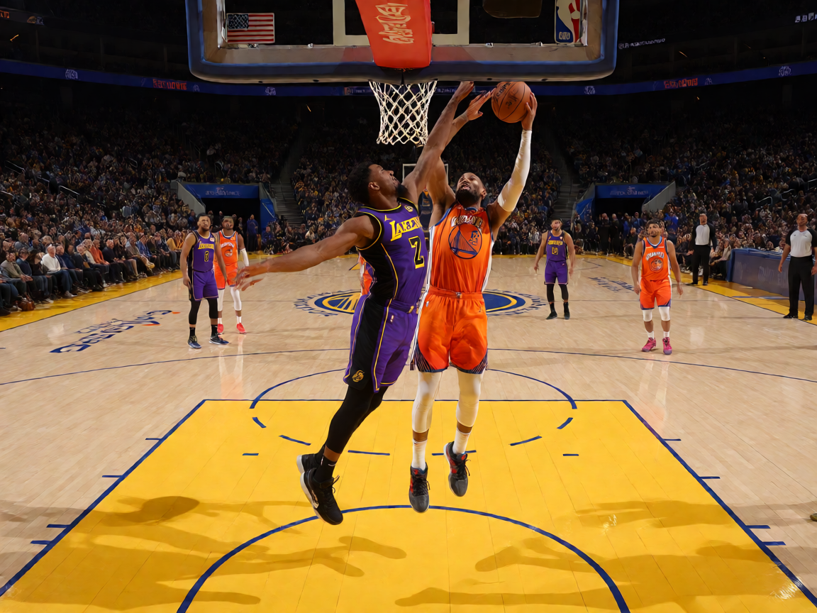 NBA常规赛湖人迎战勇士激烈对抗场景